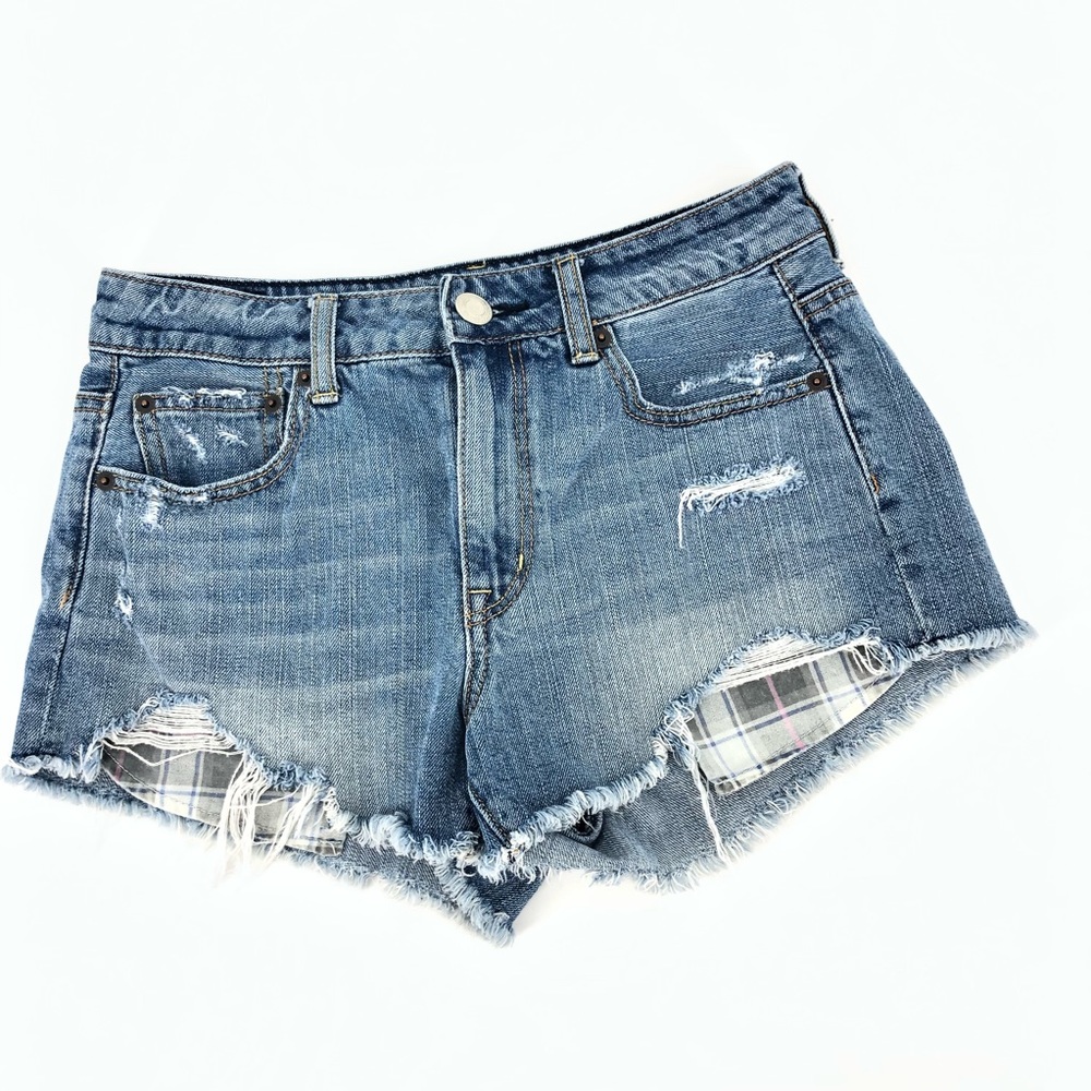 American Eagle Hi-Rise Festival Shorts Plaid Pockets Fringe Size 4